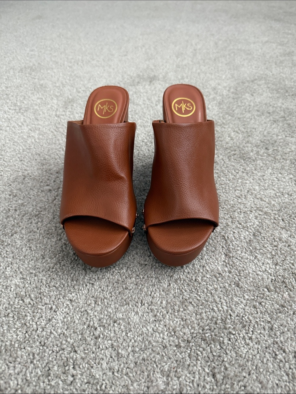 MKS Cognac Brown Leather Slide Mules